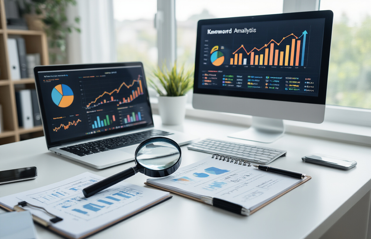 Create a realistic image of a modern workspace featuring a computer screen displaying colorful keyword analytics charts and graphs with upward trending arrows, a magnifying glass positioned over printed data sheets showing search volume metrics, a notebook with strategic planning notes, and various digital marketing tools scattered on a clean white desk, with soft natural lighting from a window creating a professional and focused atmosphere, absolutely NO text should be in the scene.
