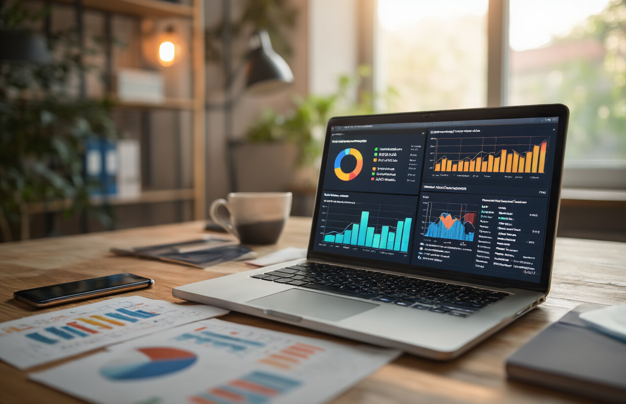 Create a realistic image of a modern workspace featuring a laptop computer displaying colorful analytics charts and keyword performance graphs on the screen, surrounded by scattered research notes and a smartphone, with a sleek desk setup against a soft-focus office background, warm natural lighting creating a productive and successful atmosphere, absolutely NO text should be in the scene.
