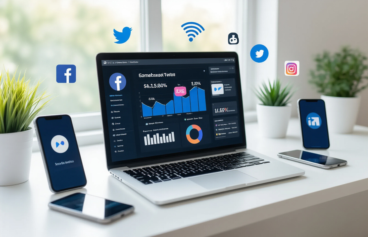 Create a realistic image of a modern workspace featuring a laptop displaying social media analytics dashboard with engagement metrics, surrounded by multiple smartphones showing various social media platforms like Facebook, Twitter, Instagram icons, with wireless connection symbols floating above the devices, set on a clean white desk with soft natural lighting from a window, creating a professional and tech-savvy atmosphere that represents digital marketing and social media optimization, absolutely NO text should be in the scene.