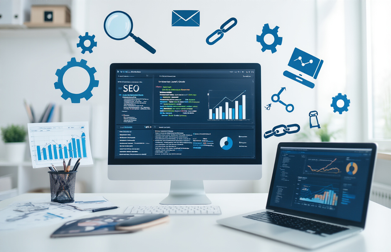 Create a realistic image of a modern workspace featuring a computer monitor displaying various SEO analysis tools and broken link detection software interfaces, with a laptop showing website analytics dashboards, surrounded by magnifying glass icons, link chain symbols, and digital marketing tools scattered on a clean desk, set in a bright office environment with soft natural lighting, professional atmosphere focused on digital marketing and web optimization work, absolutely NO text should be in the scene.