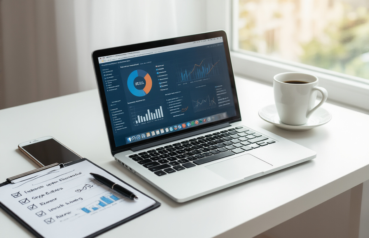 Create a realistic image of a modern workspace featuring a laptop computer displaying website analytics and SEO performance graphs on the screen, with a completed checklist document beside the laptop showing checked-off items, surrounded by digital marketing tools like a smartphone, notebook with SEO-related sketches, and a coffee cup, set on a clean white desk with soft natural lighting from a window, conveying a sense of accomplishment and successful SEO optimization completion, absolutely NO text should be in the scene.