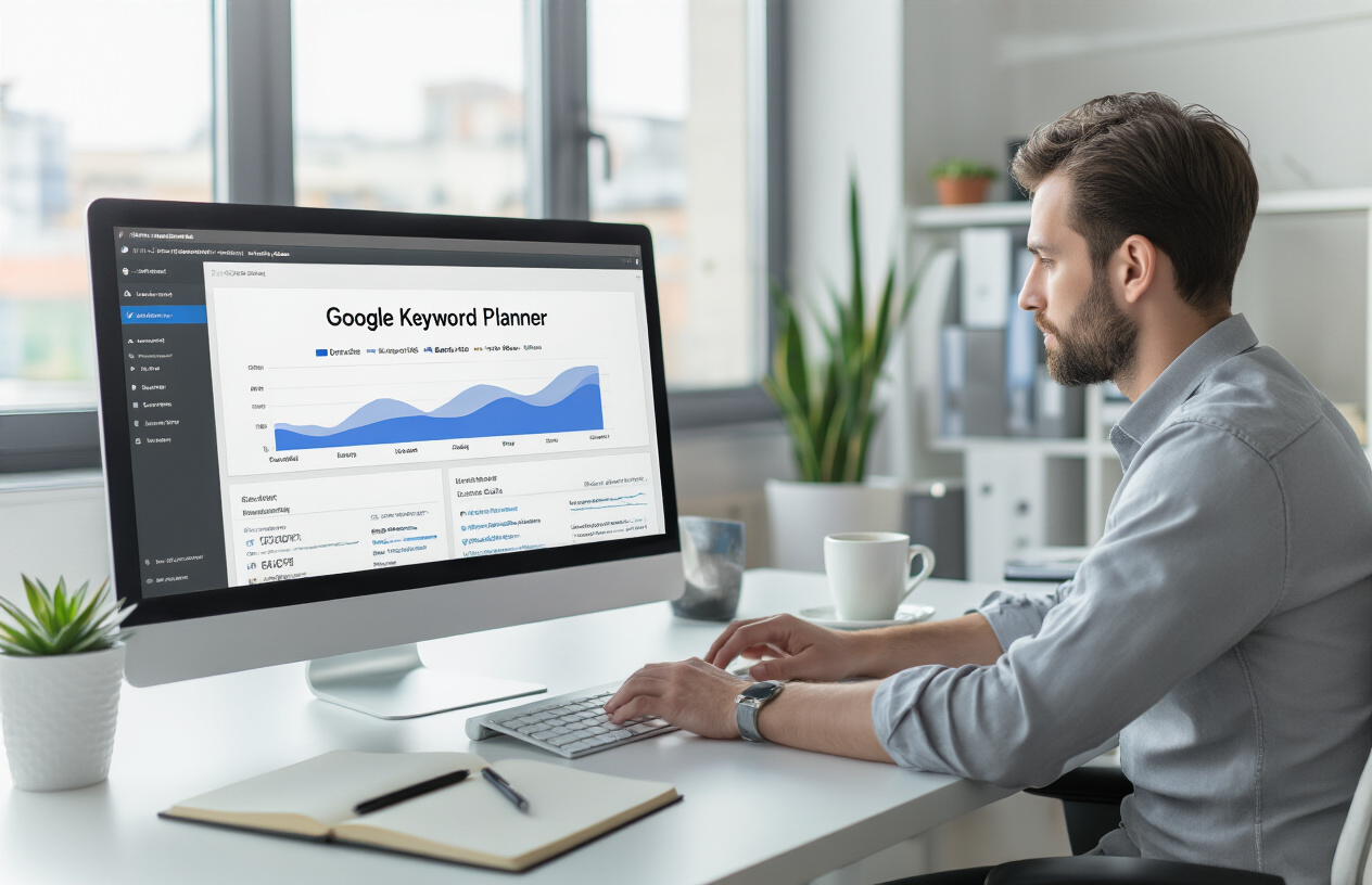 Create a realistic image of a modern workspace scene showing a computer monitor displaying the Google Keyword Planner interface with dashboard elements visible, a white male professional in business casual attire sitting at a clean desk with hands positioned over a keyboard, complemented by a notebook with a pen, a coffee cup, and a smartphone nearby, set in a bright contemporary office environment with natural lighting from a window, conveying a focused and productive atmosphere for SEO work setup, absolutely NO text should be in the scene.