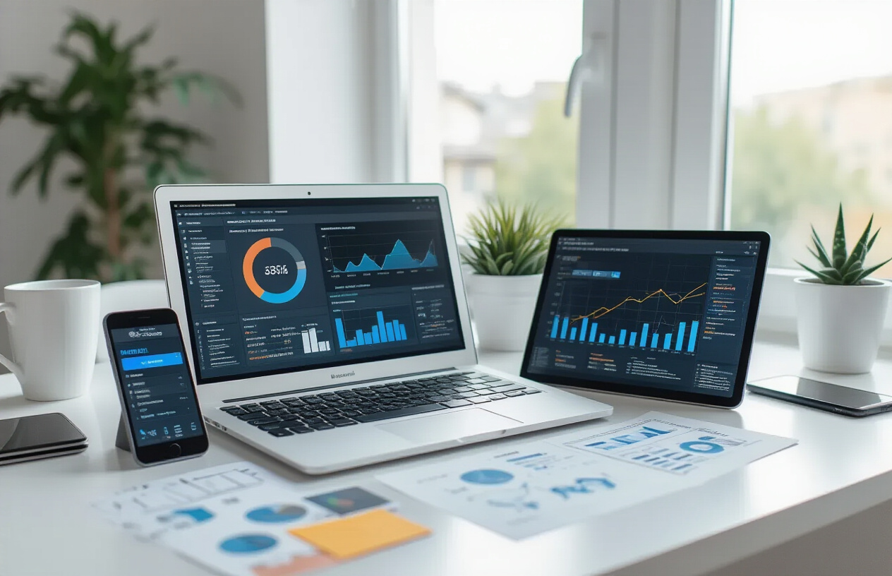 Create a realistic image of a modern workspace setup showing technical SEO optimization in progress, featuring a sleek laptop computer displaying analytics dashboards and website performance metrics on the screen, surrounded by a smartphone showing local business listings, a tablet with location-based search results, and scattered notes with technical diagrams, all arranged on a clean white desk in a bright office environment with soft natural lighting from a window, creating a professional and focused atmosphere for digital marketing work, absolutely NO text should be in the scene.