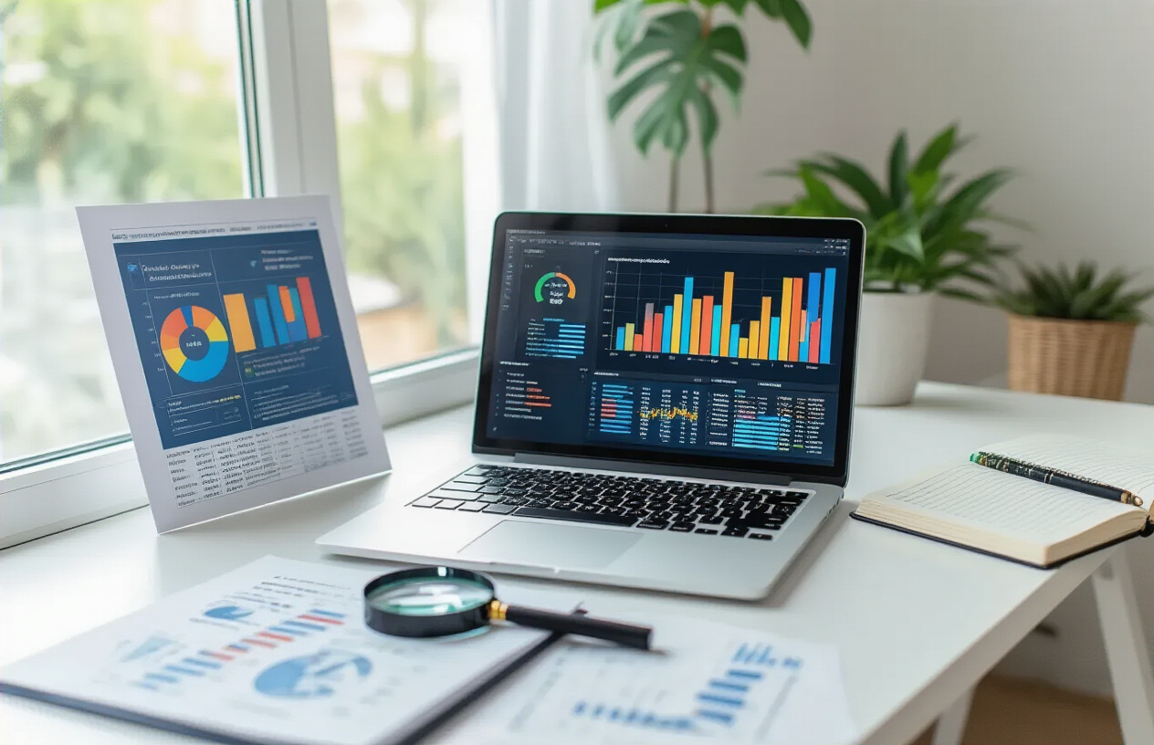 Create a realistic image of a modern workspace setup featuring a laptop computer displaying colorful analytics charts and graphs on the screen, surrounded by marketing research materials including printed keyword analysis spreadsheets, a notebook with handwritten notes, and a magnifying glass positioned over keyword data, all arranged on a clean white desk with natural lighting from a window, creating a professional and focused atmosphere for digital marketing research. Absolutely NO text should be in the scene.