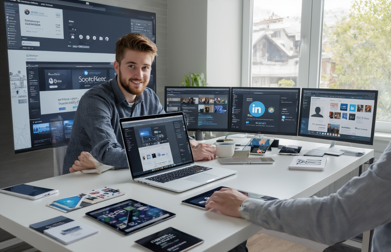 Create a realistic image of a modern workspace showing a young white male entrepreneur sitting at a sleek desk with multiple devices including a laptop, tablet, and smartphone displaying various social media platforms and website interfaces, surrounded by digital marketing materials like business cards and brand logos on a clean white desk, with a large monitor in the background showing website analytics and social media dashboards, bright natural lighting from a nearby window creating a professional and focused atmosphere, absolutely NO text should be in the scene.