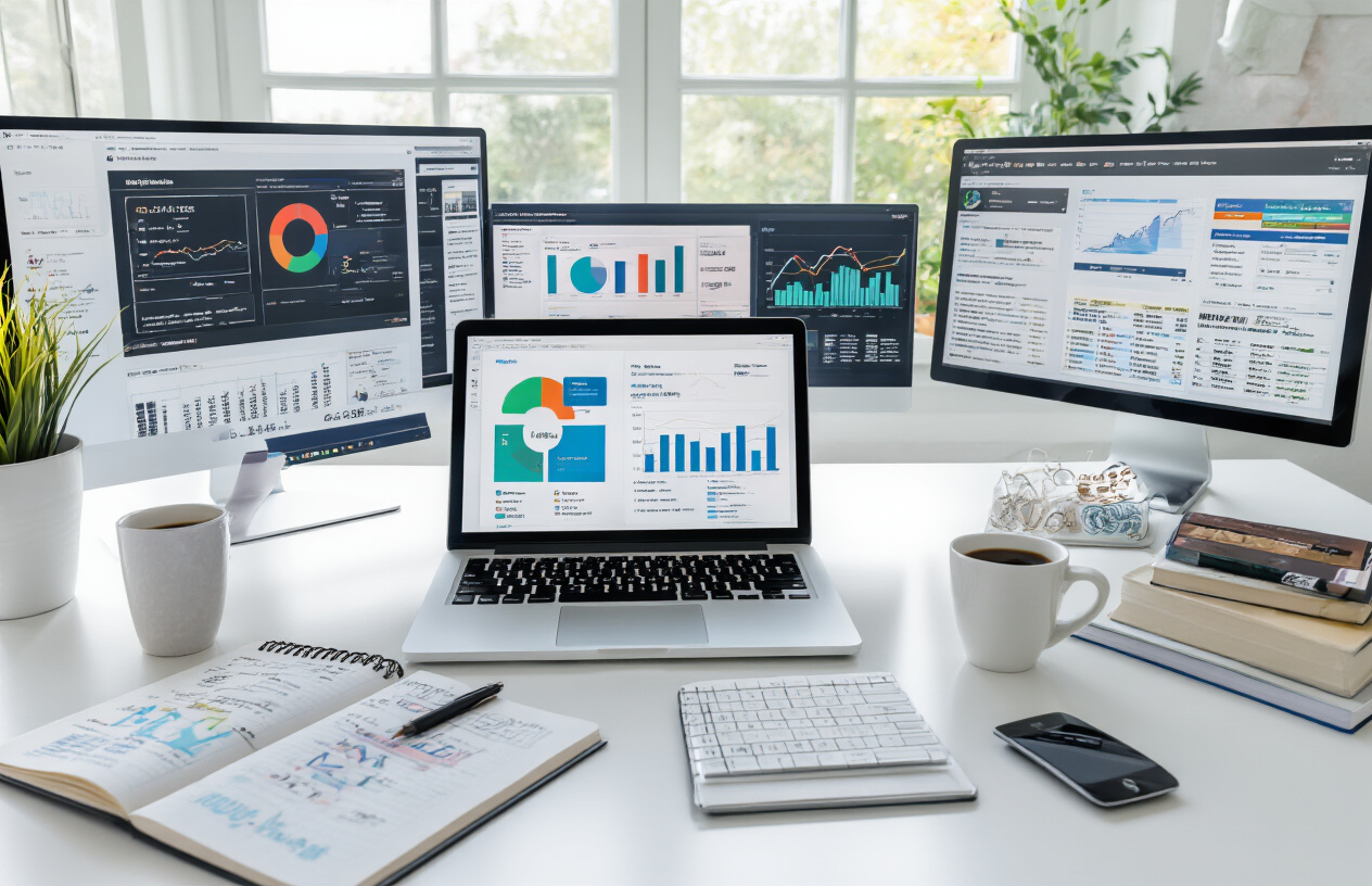Create a realistic image of a modern workspace showing essential SEO tools and elements including a laptop displaying analytics dashboard with colorful graphs and charts, multiple monitors showing keyword research interfaces, SEO audit reports, and ranking data, surrounded by notebooks with handwritten SEO strategies, a computer mouse, coffee cup, and smartphone displaying search results, set against a clean white desk in a bright, well-lit office environment with natural lighting from a window, conveying a professional and productive learning atmosphere, absolutely NO text should be in the scene.