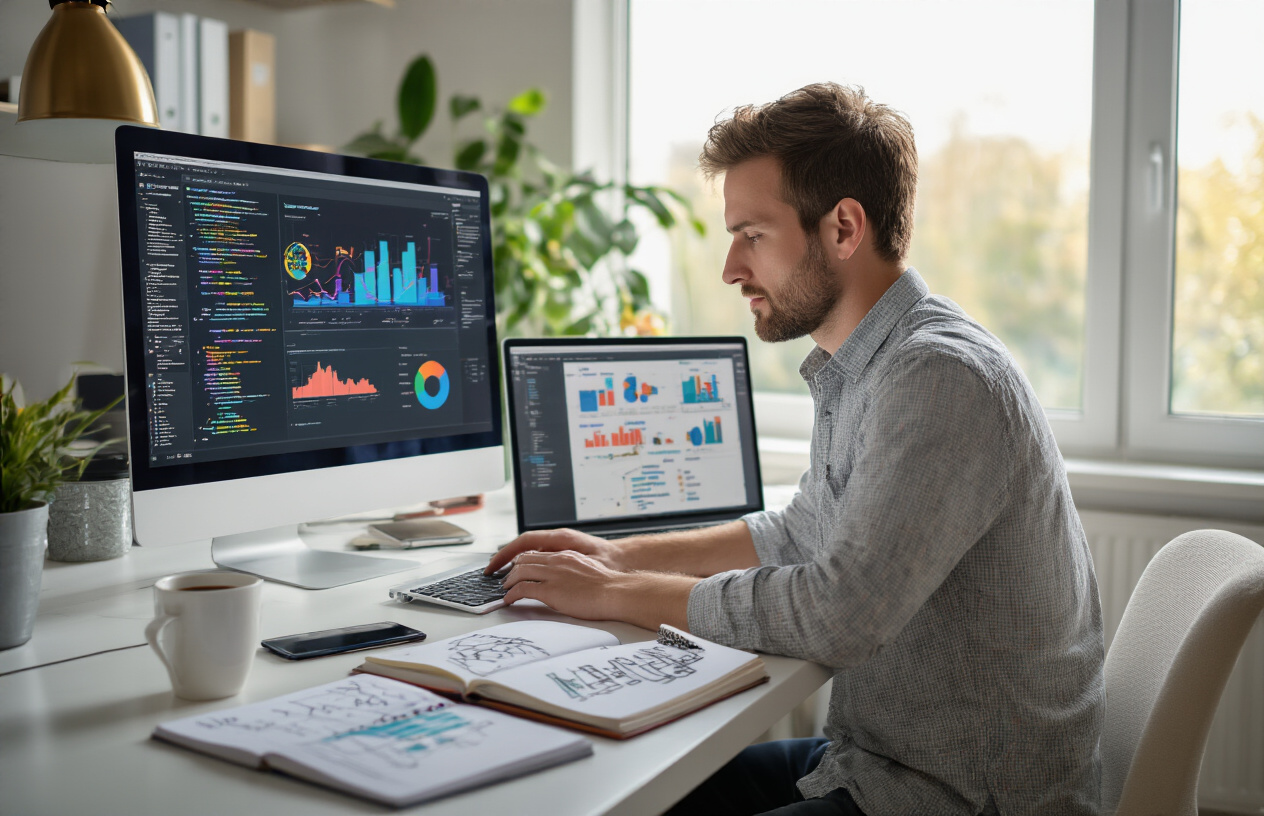 Create a realistic image of a modern workspace showing a white male digital marketer in his 30s sitting at a clean desk with a laptop computer displaying colorful keyword research data visualizations and semantic mapping diagrams on the screen, surrounded by notebooks with handwritten keyword lists, a smartphone, and a coffee cup, with natural daylight streaming through a window creating a focused and productive atmosphere, absolutely NO text should be in the scene.