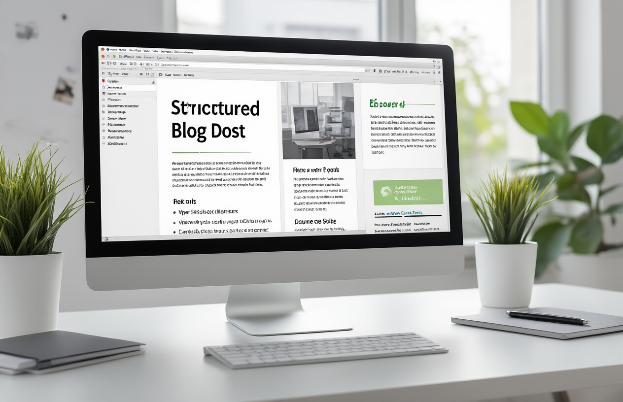 Create a realistic image of a modern workspace showing advanced digital formatting techniques, featuring a sleek computer monitor displaying a well-structured blog post with various heading styles, bullet points, and visual elements like callout boxes and dividers, with design tools and style guides scattered on a clean white desk, soft natural lighting from a window creating a professional atmosphere, and a minimalist background with subtle graphic design elements suggesting creativity and organization, absolutely NO text should be in the scene.