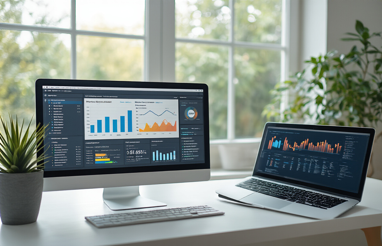 Create a realistic image of a modern workspace showing a computer screen displaying website analytics dashboard with colorful graphs and site structure diagrams, surrounded by SEO performance charts on a clean white desk, with a sleek laptop open nearby showing crawl data visualizations, soft natural lighting from a window creating a professional atmosphere, absolutely NO text should be in the scene.