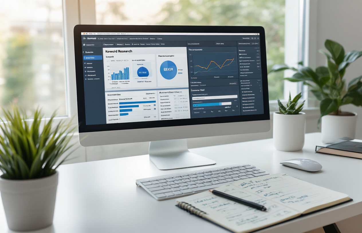 Create a realistic image of a modern workspace showing a computer monitor displaying the Semrush dashboard interface with keyword research tools visible on screen, featuring charts, graphs, and data tables with keyword metrics, a wireless keyboard and mouse on a clean white desk, a notebook with handwritten SEO notes beside the computer, warm natural lighting from a nearby window, professional office environment with a focus on digital marketing workflow, absolutely NO text should be in the scene.