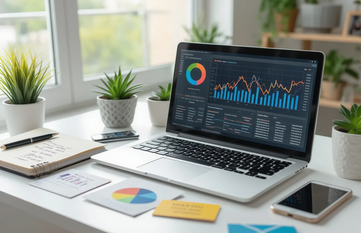 Create a realistic image of a modern workspace showing the completion of an off-page SEO campaign with a clean white desk featuring an open laptop displaying colorful analytics graphs and rising trend lines, surrounded by notebooks with handwritten notes, a smartphone showing social media notifications, scattered business cards, and small potted plants, with soft natural lighting from a nearby window creating a professional and accomplished atmosphere, absolutely NO text should be in the scene.