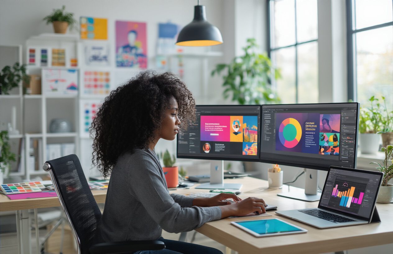 Create a realistic image of a modern workspace showing a graphic designer at work on compelling brand cover images, featuring a diverse scene with a black female designer sitting at a sleek desk with dual monitors displaying colorful social media cover templates with vibrant graphics and brand elements, surrounded by design tools, color swatches, and a tablet showing engagement metrics, in a bright, well-lit creative office environment with natural lighting from large windows, conveying a professional and inspiring atmosphere focused on digital branding work, absolutely NO text should be in the scene.