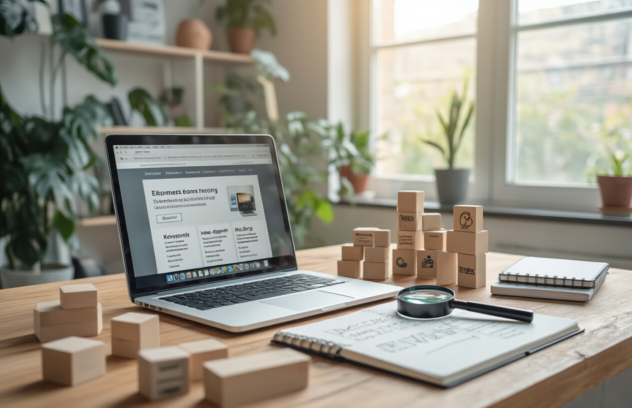 Create a realistic image of a modern workspace with a wooden desk featuring an open laptop displaying an e-commerce product listing interface, scattered around the desk are building blocks or foundation stones labeled with key elements like keywords, brand names, and product features, a magnifying glass examining product details, notebook with handwritten optimization notes, and a few physical products like electronics or consumer goods as examples, soft natural lighting from a window creates a focused work environment, absolutely NO text should be in the scene.