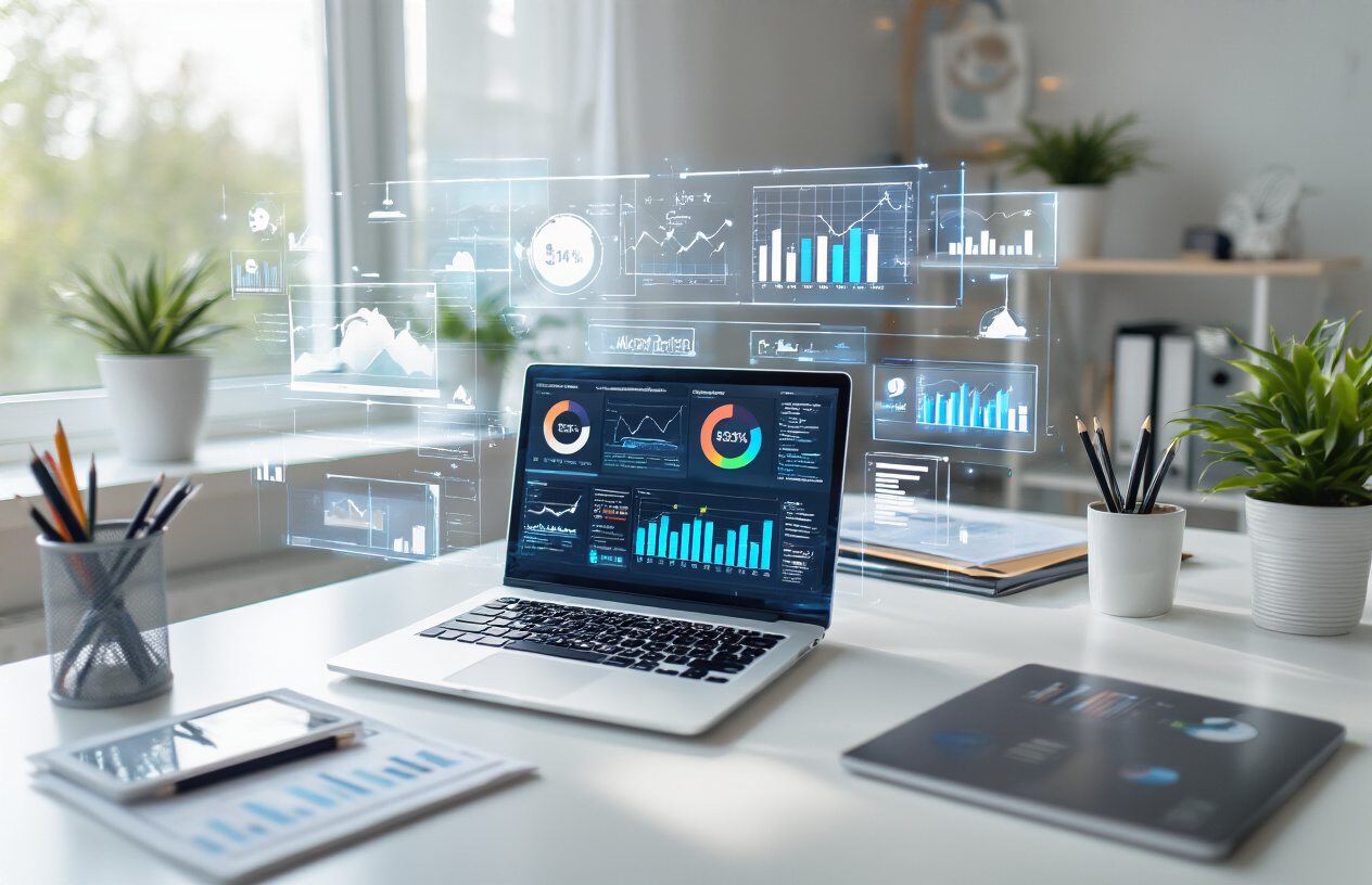 Create a realistic image of a modern workspace with a laptop displaying various SEO analytics dashboards and free tools interfaces, surrounded by digital marketing resources like charts, graphs, and performance metrics floating as holographic displays, with a clean white desk surface, organized office supplies, and soft natural lighting from a nearby window, conveying productivity and digital success in a professional environment, absolutely NO text should be in the scene.