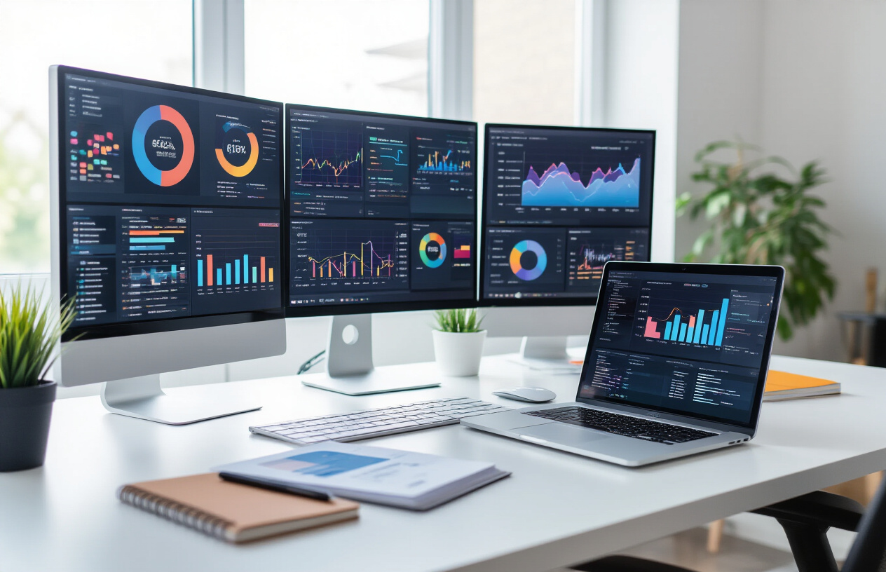 Create a realistic image of a modern workspace with multiple computer monitors displaying various SEO analysis dashboards and backlink research platforms, featuring colorful graphs, charts, and data visualizations, with a sleek laptop open showing competitor analysis tools, surrounded by marketing analytics reports and notebooks on a clean white desk, professional office environment with soft natural lighting from a window, absolutely NO text should be in the scene.