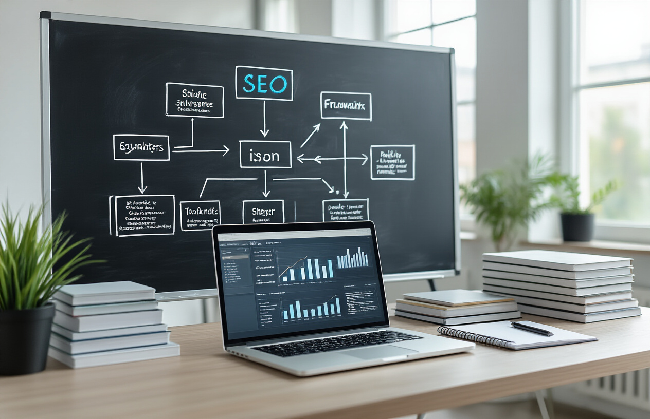 Create a realistic image of a modern workspace with a large whiteboard or transparent glass board displaying a structured SEO framework diagram with interconnected boxes, arrows, and hierarchical elements representing core SEO concepts, with a sleek laptop open on a clean desk showing analytics graphs and charts, surrounded by neat stacks of educational materials and notebooks, in a bright, professional office environment with natural lighting from large windows, conveying a sense of organized learning and strategic planning, absolutely NO text should be in the scene.