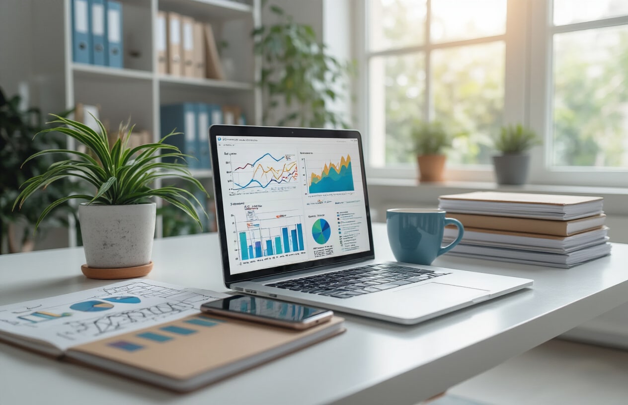 Create a realistic image of a modern workspace with a clean white desk featuring an open laptop displaying colorful analytics graphs and charts, surrounded by strategic planning materials including notebooks with sketched content flowcharts, a smartphone showing website metrics, and organized file folders, with a potted plant and coffee cup as complementary elements, set against a bright minimalist office background with natural lighting from a large window, conveying a professional and focused mood of digital marketing strategy development, absolutely NO text should be in the scene.