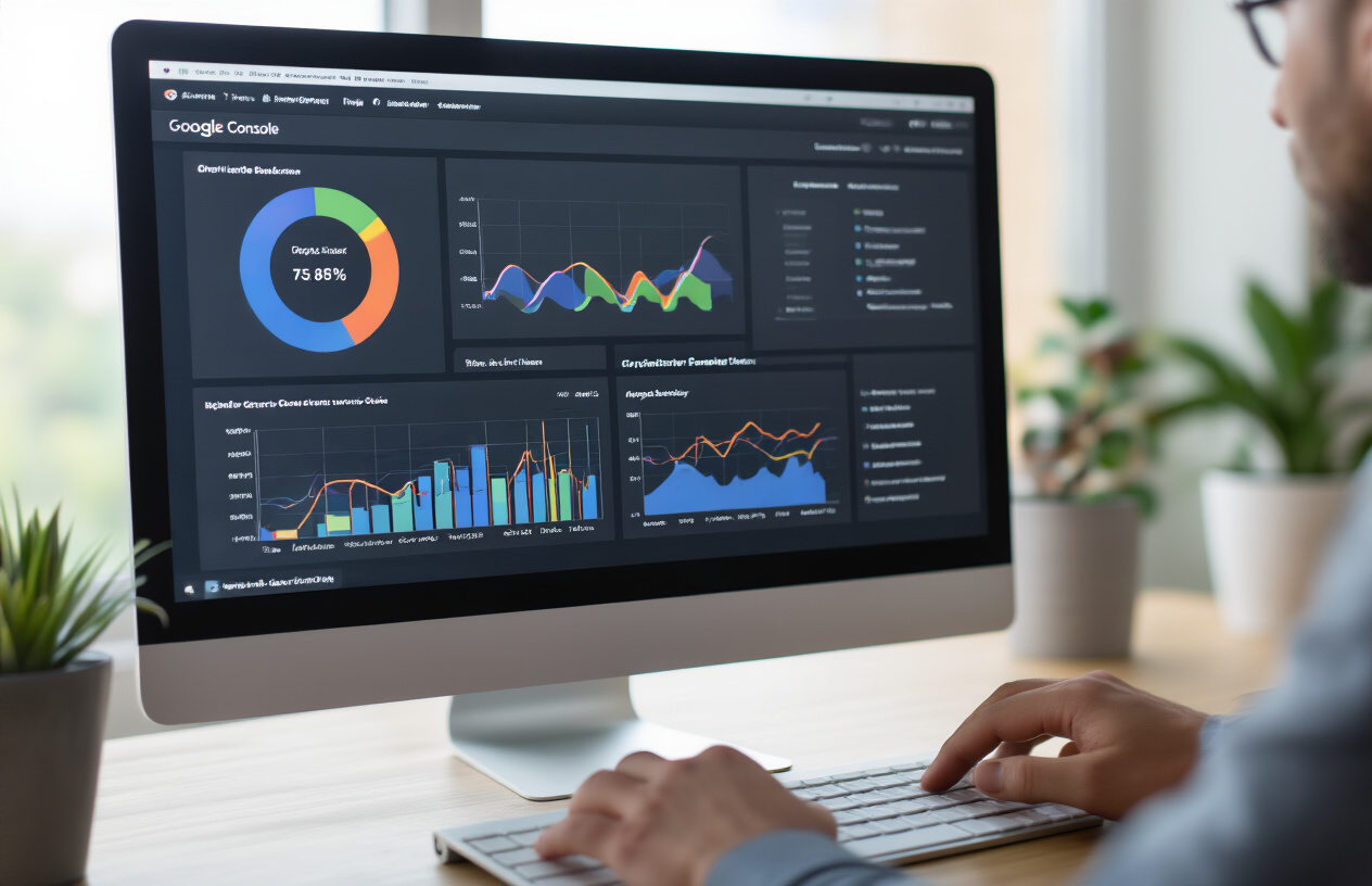 Create a realistic image of a person's hands navigating through the Google Search Console interface on a computer screen, showing crawl data reports with various metrics and graphs, the computer setup includes a modern monitor displaying colorful data visualizations and charts, the workspace has a clean desk with a keyboard and mouse, soft natural lighting from a window creates a professional atmosphere, the scene captures the act of analyzing website crawl information and performance metrics, absolutely NO text should be in the scene.