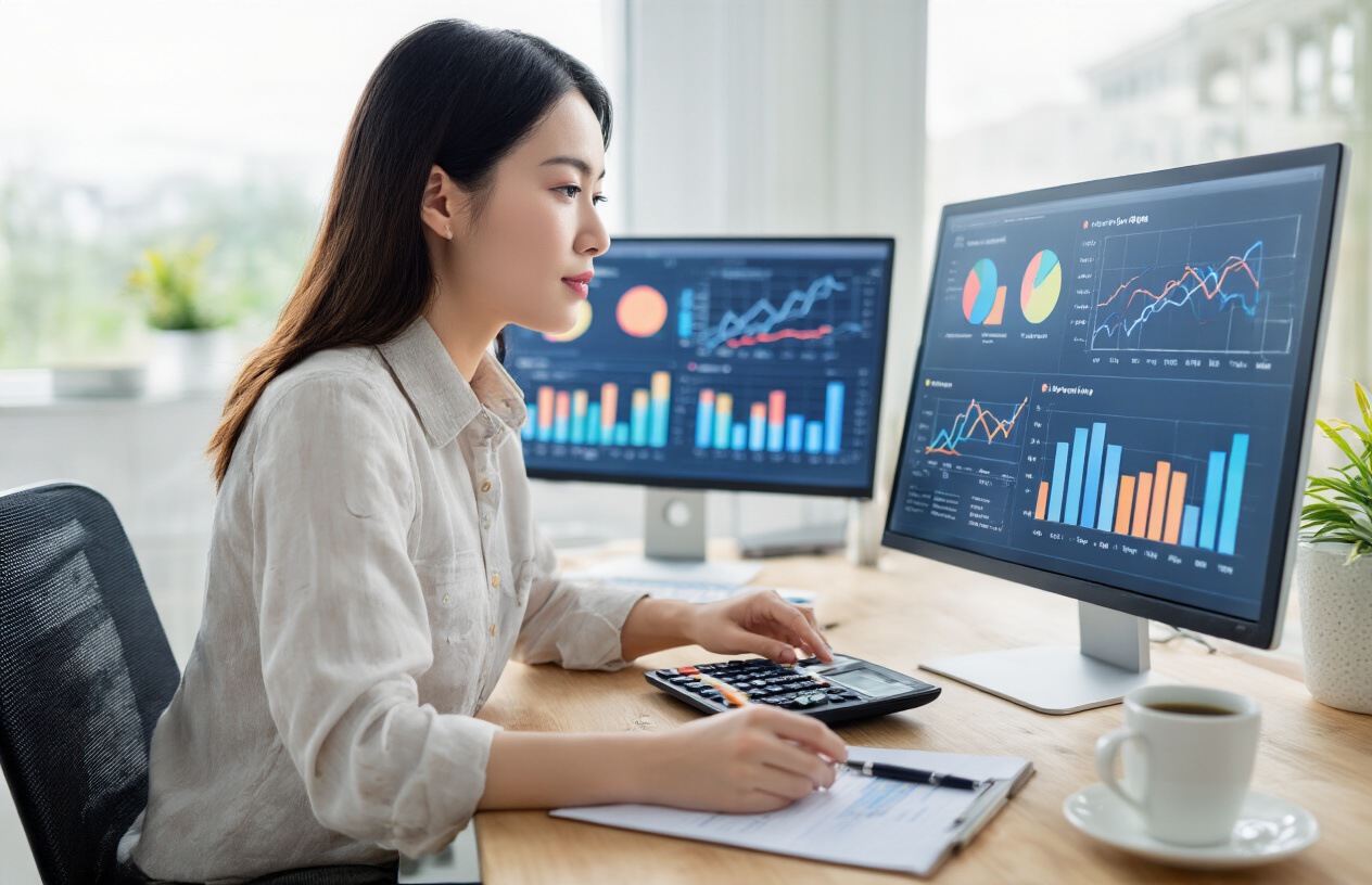 Create a realistic image of a professional Asian female digital marketer sitting at a modern desk, analyzing colorful bar charts and line graphs on dual computer monitors displaying search volume trends and competition metrics, with a calculator, notepad, and coffee cup nearby, in a bright modern office setting with natural lighting from a window, conveying focus and analytical expertise, absolutely NO text should be in the scene.
