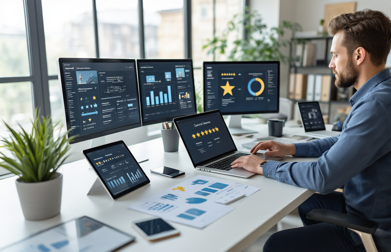 Create a realistic image of a professional business office setting with a white male entrepreneur sitting at a modern desk working on a laptop computer, with multiple digital devices including smartphones and tablets displaying various online review platforms and star rating systems visible on the screens, a sleek workspace with contemporary furniture, soft natural lighting from large windows, charts and analytics papers scattered on the desk showing positive review trends, plants and professional decor in the background creating an optimized digital marketing environment, absolutely NO text should be in the scene.