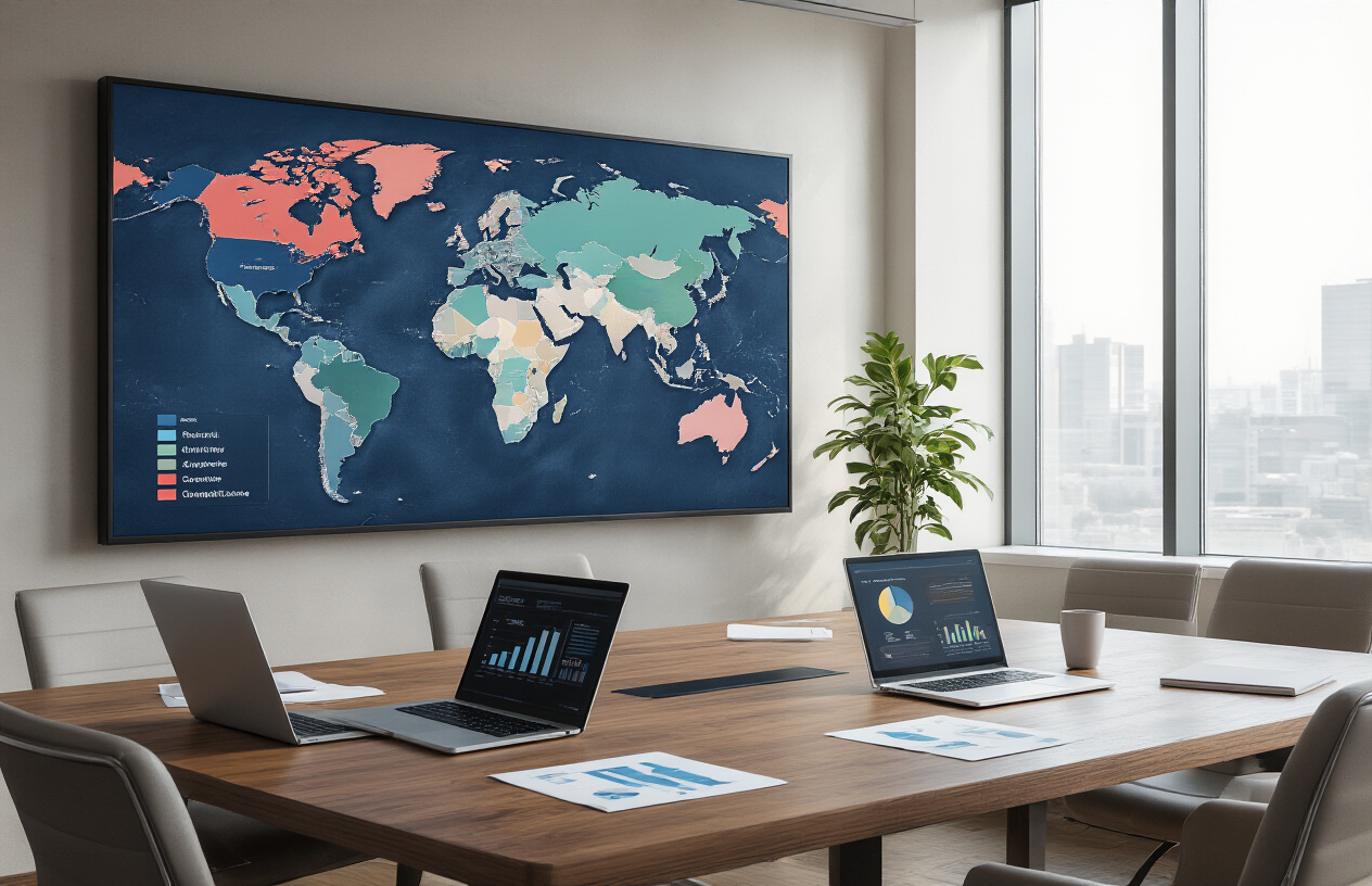 Create a realistic image of a professional conference room with a large world map displayed on a digital screen showing different colored regions representing market competitiveness levels, a polished wooden table with laptops, charts, and analytical documents spread across it, soft natural lighting from large windows, and a clean modern corporate environment with neutral colors and minimalist design elements, Absolutely NO text should be in the scene.