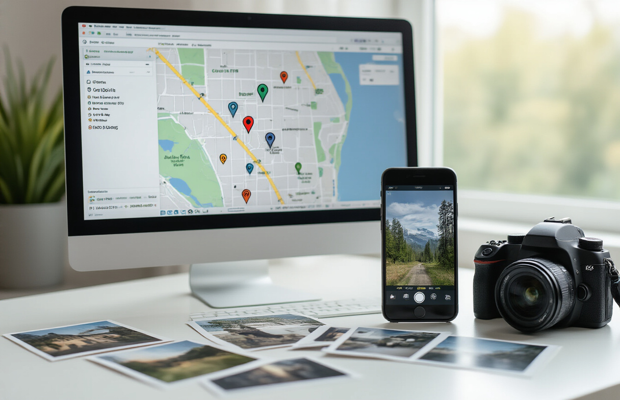 Create a realistic image of a professional digital marketing workspace showing a computer screen displaying a map interface with location pins and GPS coordinates, surrounded by a smartphone displaying a photo with location metadata, a DSLR camera with GPS settings visible on the LCD screen, and scattered printed photographs with small location tags attached, all arranged on a modern white desk with soft natural lighting from a nearby window, absolutely NO text should be in the scene.