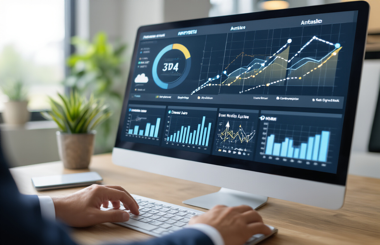 Create a realistic image of a professional marketing dashboard on a computer screen displaying analytics charts, graphs with upward trending arrows, and multiple website thumbnails connected by dotted lines representing link networks, with a white male business professional's hands typing on a modern keyboard in the foreground, set in a bright modern office environment with natural lighting from a window, conveying growth and digital marketing success, absolutely NO text should be in the scene.