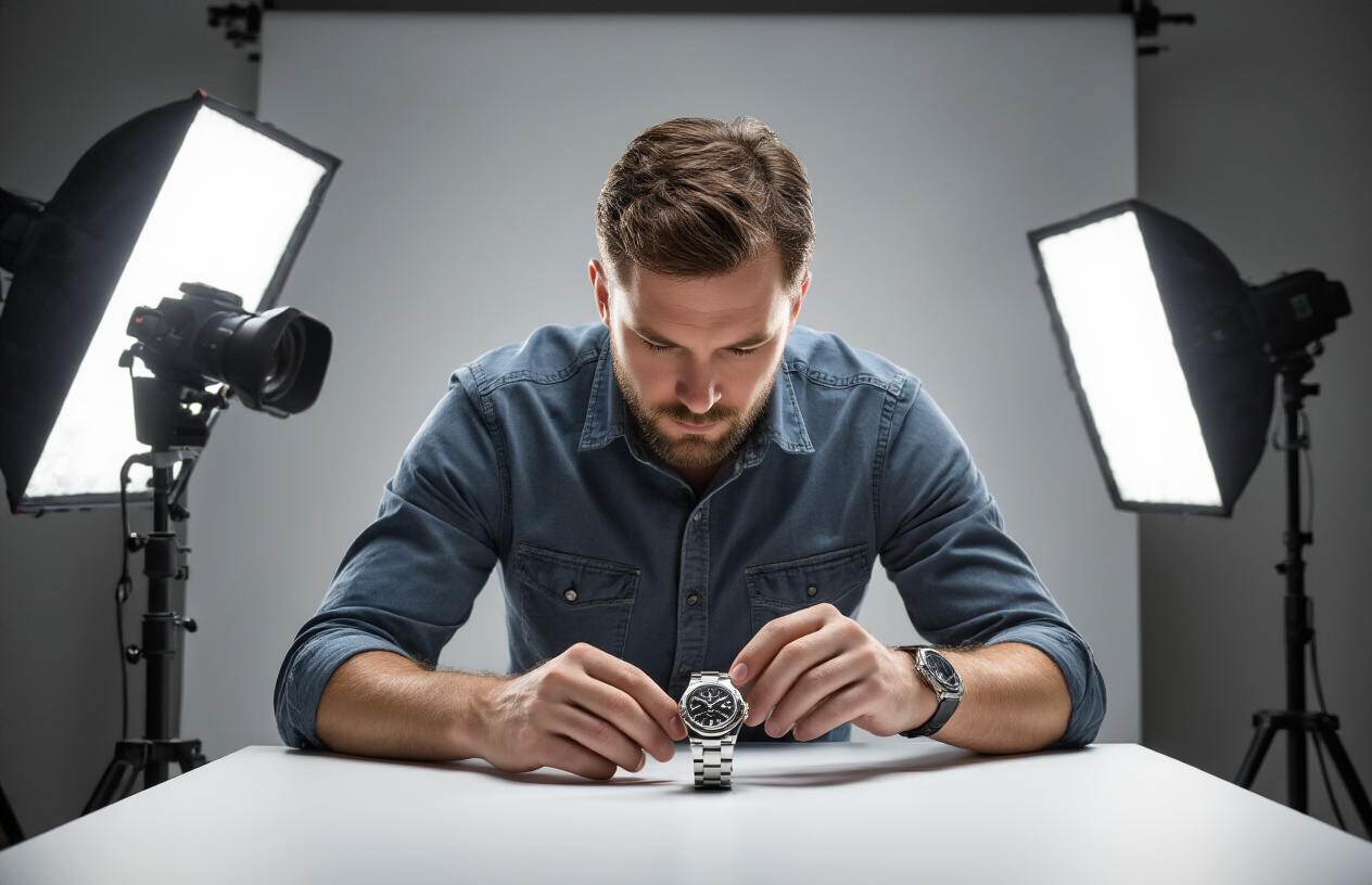 Create a realistic image of a professional photographer, white male, carefully positioning a luxury watch on a clean white surface with professional studio lighting equipment including softboxes and reflectors visible in the background, showing the meticulous setup process for high-quality product photography, with the photographer adjusting camera settings on a DSLR mounted on a tripod, creating dramatic shadows and highlights that emphasize the watch's metallic details and craftsmanship, in a bright modern photography studio environment. Absolutely NO text should be in the scene.