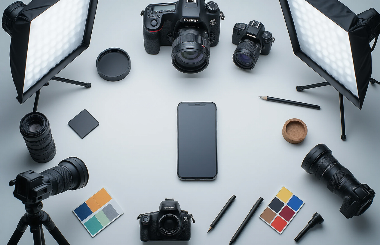 Create a realistic image of a professional product photography setup showing the essential elements of high-quality product images, featuring a sleek smartphone or electronic device as the main subject positioned on a clean white surface, with professional studio lighting equipment including softboxes and reflectors visible in the scene, multiple camera angles and lenses arranged around the product, color swatches and lighting temperature cards placed nearby, a tripod-mounted DSLR camera focused on the product, and various photography accessories like diffusers and backdrop stands creating a professional commercial photography environment with bright, even lighting that eliminates harsh shadows, absolutely NO text should be in the scene.