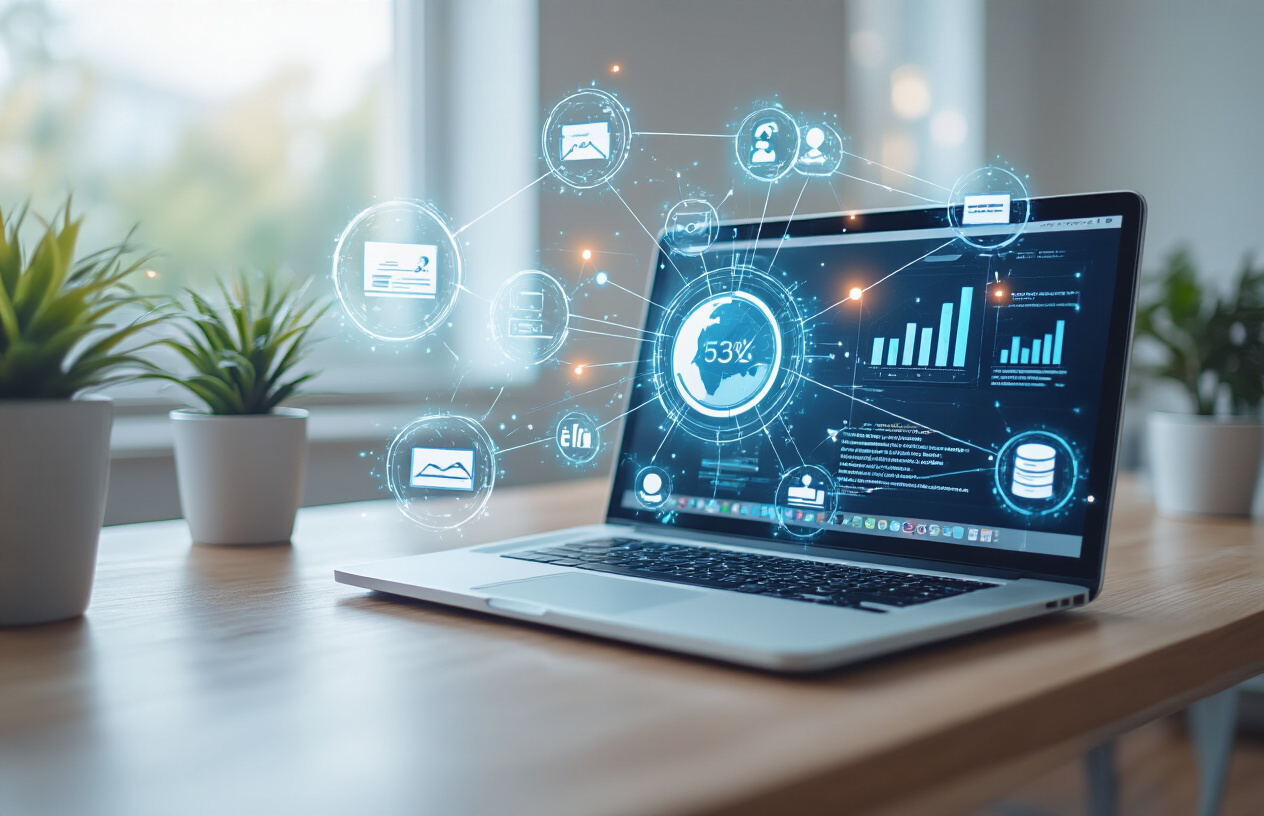 Create a realistic image of a professional scene showing interconnected digital authority building with a laptop displaying website analytics on a modern desk, surrounded by floating holographic icons representing backlinks, social media connections, and external websites linking together with glowing connection lines, set in a clean modern office environment with soft natural lighting from a window, conveying growth and digital networking success, absolutely NO text should be in the scene.