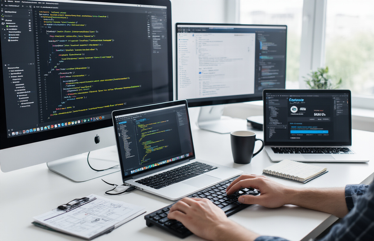 Create a realistic image of a professional web development workspace featuring a large computer monitor displaying website code with HTML header tags and CSS styling visible, a clean modern desk with a laptop showing responsive web design layouts, programming documentation and technical guides spread across the desk, a white male developer's hands typing on a mechanical keyboard, multiple browser windows open showing different website header configurations, a secondary monitor displaying SEO analytics dashboard, coffee cup and notepad with technical sketches, well-lit modern office environment with natural lighting from a window, absolutely NO text should be in the scene.