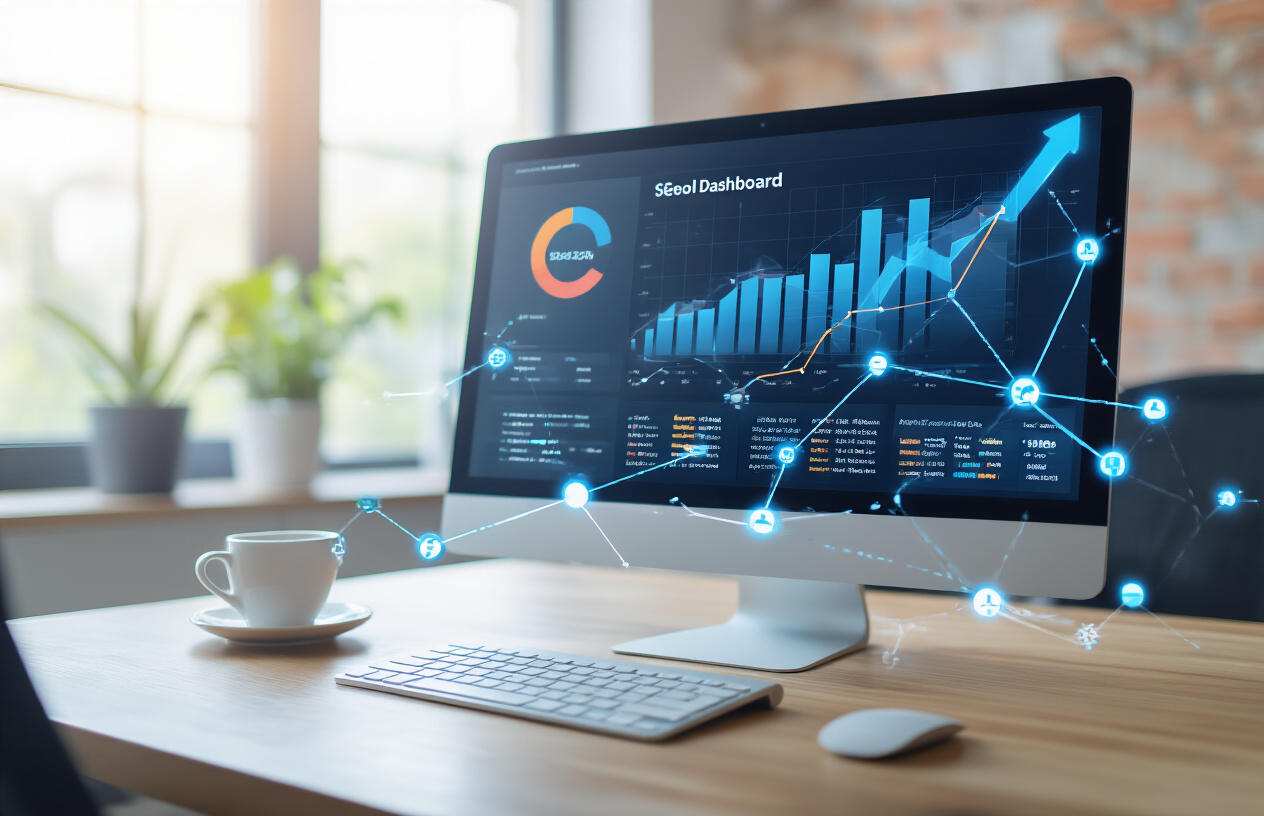 Create a realistic image of a professional website dashboard showing upward trending SEO metrics and backlink analytics on a computer screen, with interconnected network nodes and link chains floating above the monitor representing quality backlinks, set in a modern office environment with soft natural lighting from a window, conveying success and achievement in digital marketing. Absolutely NO text should be in the scene.