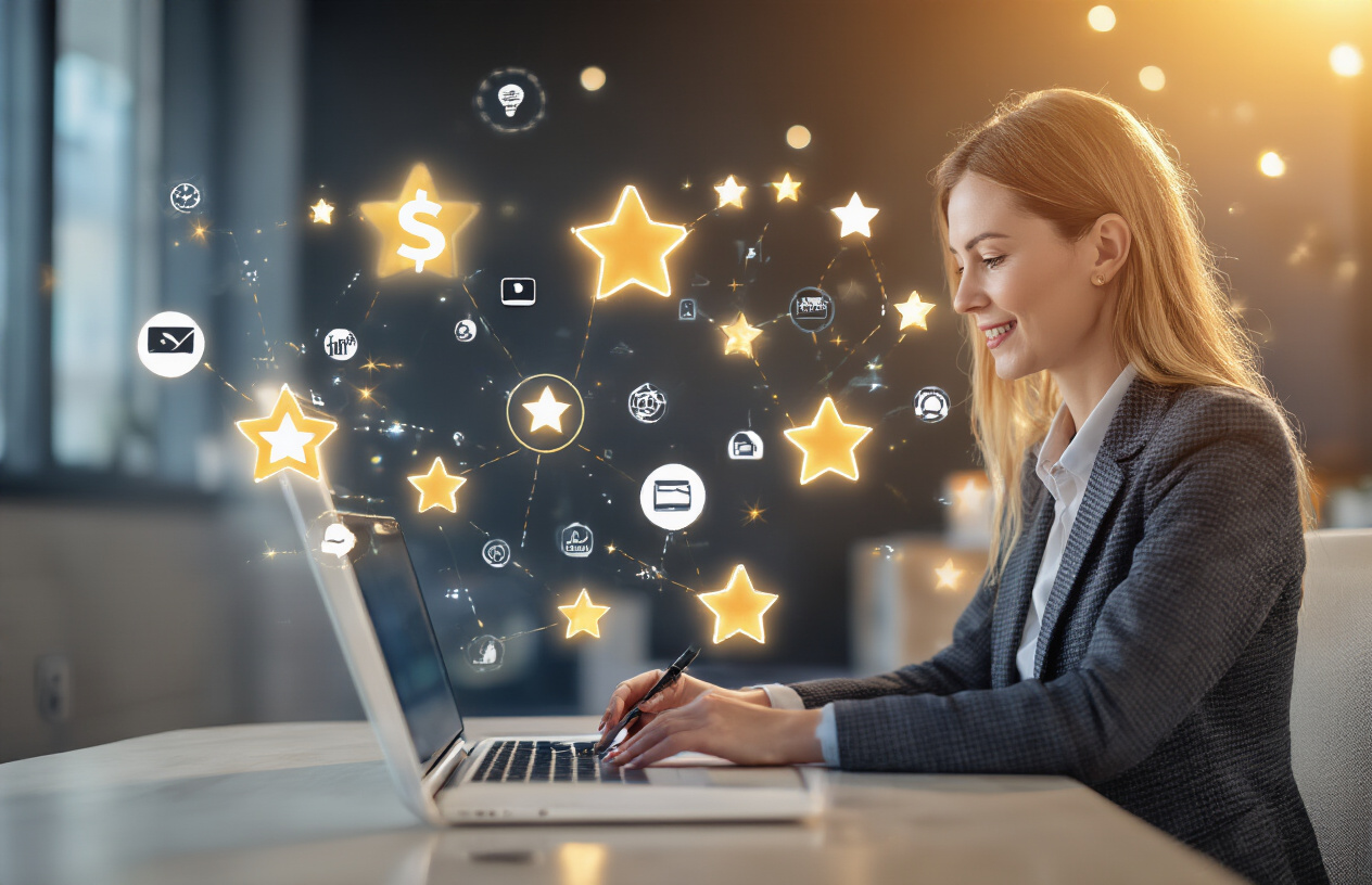 Create a realistic image of a professional white female business owner sitting at a modern desk writing a glowing testimonial on a laptop computer, with multiple five-star rating symbols floating above the screen, connected by glowing digital link chains to various website icons in the background, warm office lighting creating an inspiring atmosphere of success and connectivity, absolutely NO text should be in the scene.