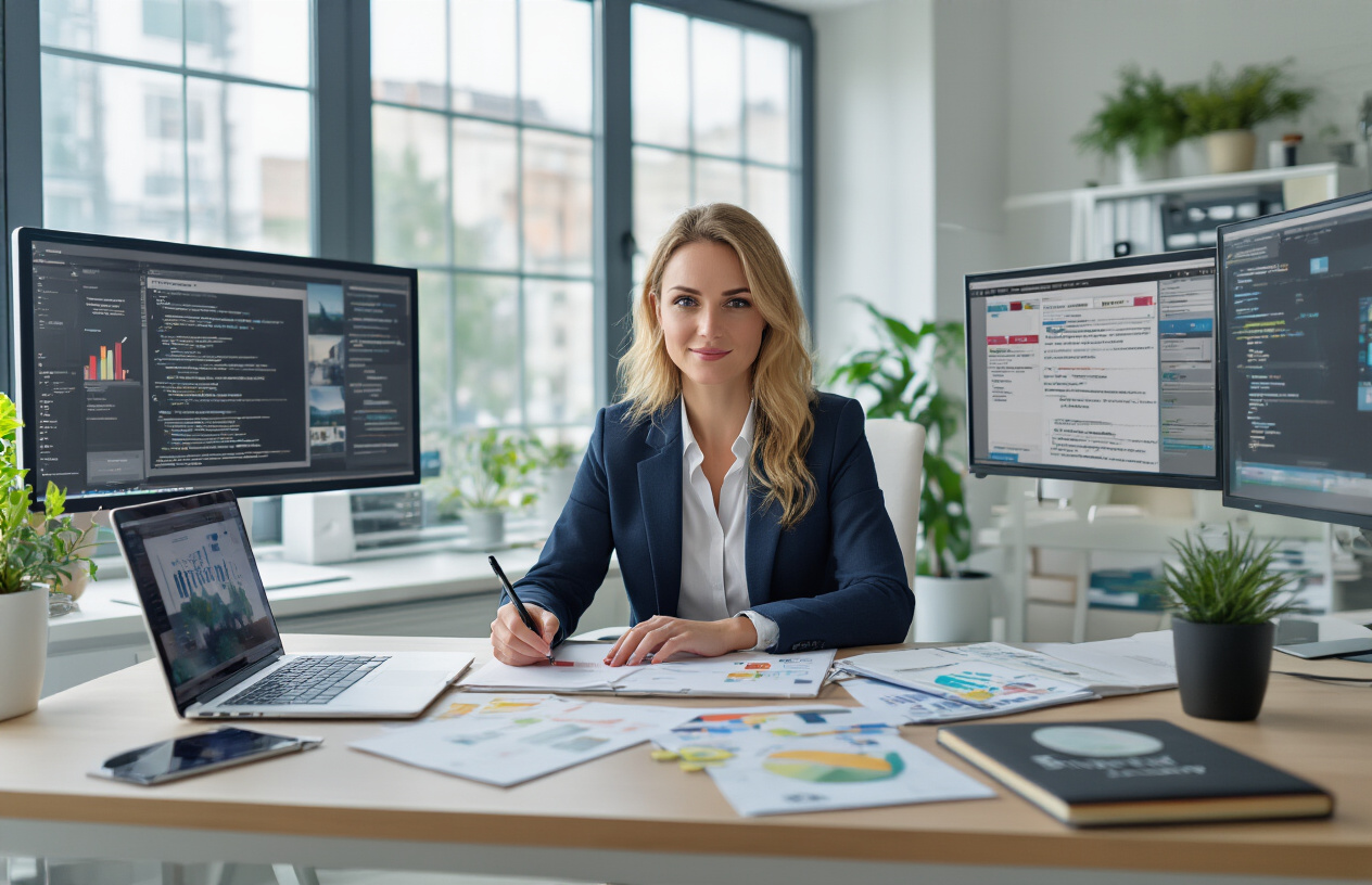 Create a realistic image of a professional white female marketing specialist sitting at a modern office desk with a laptop open, writing personalized outreach emails, surrounded by multiple open browser tabs showing different company websites, a notepad with strategic planning notes, and communication tools like email templates and contact lists spread across the workspace, with a bright office environment featuring natural lighting from large windows, conveying a focused and organized approach to digital marketing outreach activities, absolutely NO text should be in the scene.