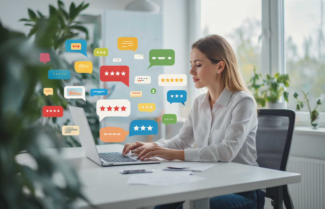 Create a realistic image of a professional white female business owner sitting at a modern desk with a laptop computer, actively typing responses to customer reviews displayed on the screen, with multiple colorful speech bubbles or notification icons floating around the workspace representing various types of customer feedback, in a bright contemporary office setting with natural lighting from a window, conveying a proactive and engaged approach to customer communication, absolutely NO text should be in the scene.