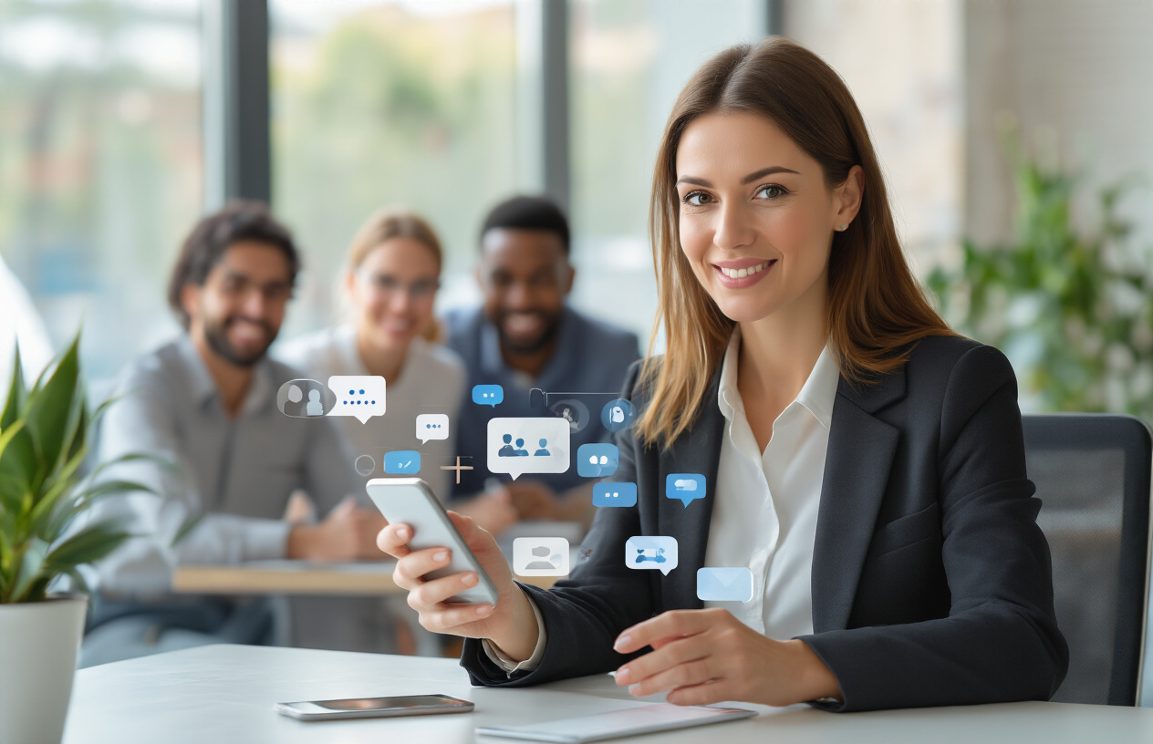Create a realistic image of a professional white female business owner sitting at a modern desk with a smartphone in her hand, engaging in digital messaging with visible notification bubbles around the phone, while a diverse group of satisfied customers of different races and genders are shown in soft-focus background panels representing successful connections, the scene features warm natural lighting streaming through office windows, conveying trust and relationship-building through technology, with a clean modern office environment and plants adding a welcoming atmosphere, absolutely NO text should be in the scene.