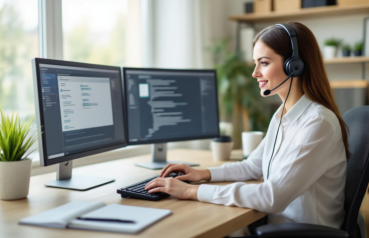 Create a realistic image of a professional white female customer service representative sitting at a modern office desk with dual computer monitors displaying customer conversation interfaces, wearing a headset and actively typing responses, surrounded by organized workspace elements like notebooks and coffee cup, with soft natural lighting from a nearby window creating a productive and welcoming atmosphere, shot from a slightly elevated angle to show both the person and screen activity, absolutely NO text should be in the scene.
