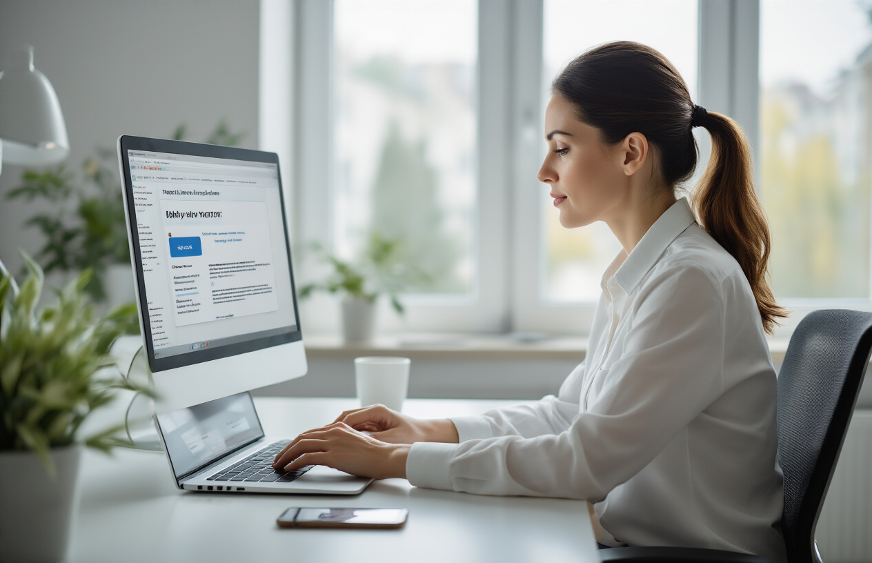 Create a realistic image of a professional white female business manager sitting at a modern office desk, calmly typing on a laptop computer while looking at customer review interface on the screen, with a smartphone displaying notification alerts nearby, surrounded by a clean contemporary office environment with soft natural lighting from a window, conveying a composed and professional atmosphere for handling difficult customer feedback situations, absolutely NO text should be in the scene.