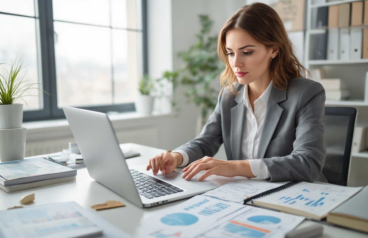 Create a realistic image of a professional white female marketer sitting at a modern desk with a laptop computer, typing an email with focused concentration, surrounded by marketing materials and notebooks with handwritten notes, in a bright contemporary office setting with natural lighting from a window, conveying productivity and strategic communication work, absolutely NO text should be in the scene.