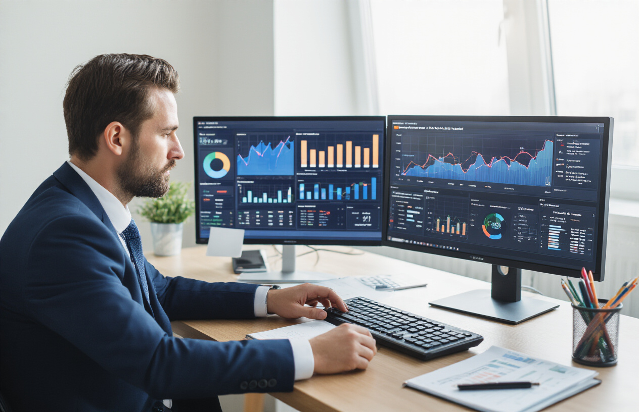 Create a realistic image of a professional white male analyst in business attire sitting at a modern desk with dual computer monitors displaying colorful analytics dashboards, charts showing upward trending ROI metrics, and content performance graphs, surrounded by a clean office environment with natural lighting from a window, calculator and notepad nearby, focused on measuring digital marketing results. Absolutely NO text should be in the scene.