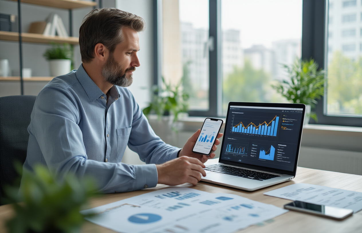 Create a realistic image of a professional white male business owner sitting at a modern desk with a laptop computer displaying website analytics graphs and charts showing upward trending link metrics, with a smartphone nearby showing positive customer reviews, surrounded by printed testimonial documents and feedback forms scattered on the desk, in a bright contemporary office setting with natural lighting from large windows, conveying success and strategic digital marketing growth, absolutely NO text should be in the scene.