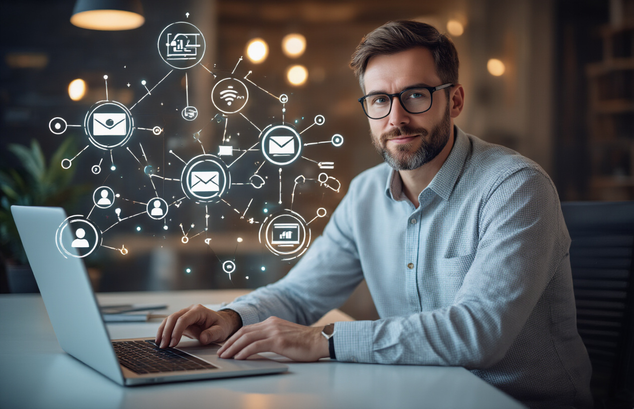 Create a realistic image of a professional white male marketing specialist sitting at a modern desk with a laptop, surrounded by floating digital connection icons and link symbols representing natural backlink building, with network nodes and website authority indicators glowing softly in the background, warm office lighting creating a focused work atmosphere, showing organic growth and interconnected web relationships through subtle visual elements like branching pathways and quality connection symbols, absolutely NO text should be in the scene.