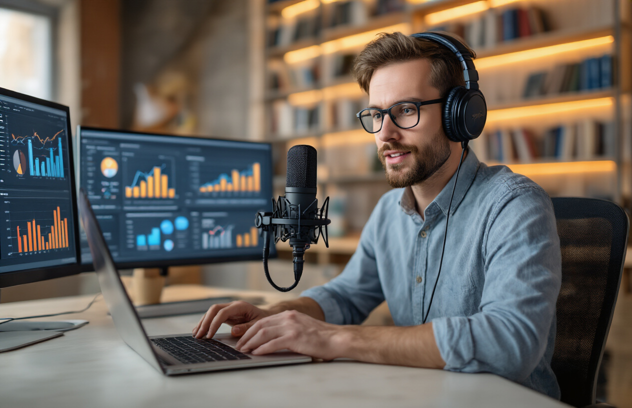Create a realistic image of a professional white male sitting at a modern desk with a laptop open, wearing headphones and speaking into a professional podcast microphone, with SEO analytics charts and graphs displayed on a secondary monitor in the background, warm office lighting with bookshelves visible, creating a focused and strategic atmosphere that represents digital marketing expertise, absolutely NO text should be in the scene.