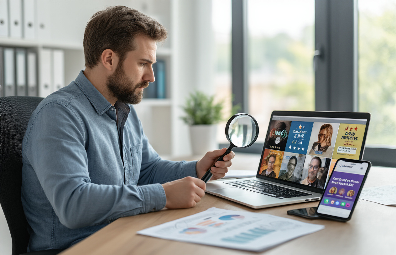 Create a realistic image of a professional white male sitting at a modern desk with a laptop computer, examining multiple podcast covers and ratings displayed on the screen, with a magnifying glass in his hand symbolizing research and evaluation, surrounded by organized notes and a smartphone showing podcast apps, in a bright contemporary office environment with natural lighting from a window, conveying focus and analytical thinking, absolutely NO text should be in the scene.