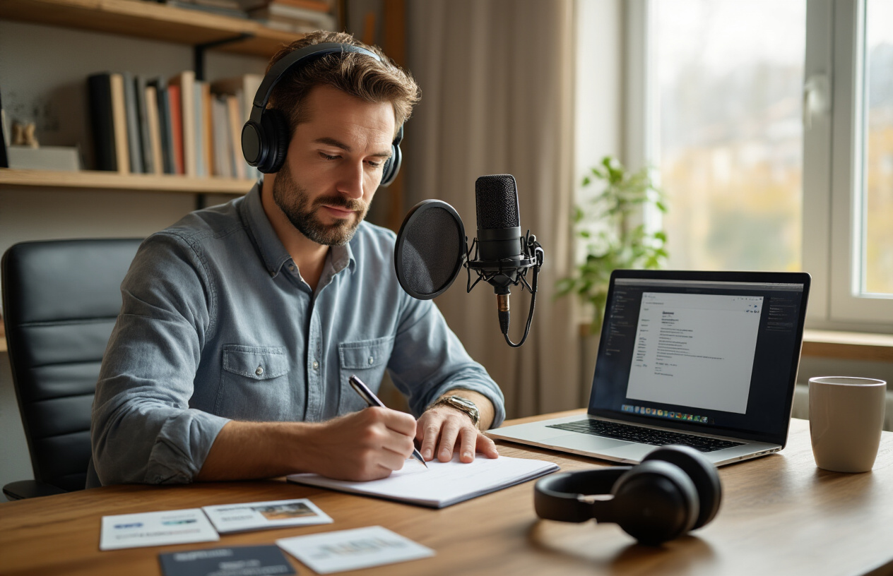 Create a realistic image of a professional white male in his 30s sitting at a modern desk, thoughtfully writing on a notepad with a pen, with a high-quality microphone and headphones positioned nearby, a laptop computer open showing an email interface, scattered business cards and promotional materials on the wooden desk surface, warm natural lighting from a window creating a focused and creative atmosphere in a contemporary home office setting, with bookshelves visible in the background, conveying preparation and strategic planning for podcast outreach, absolutely NO text should be in the scene.