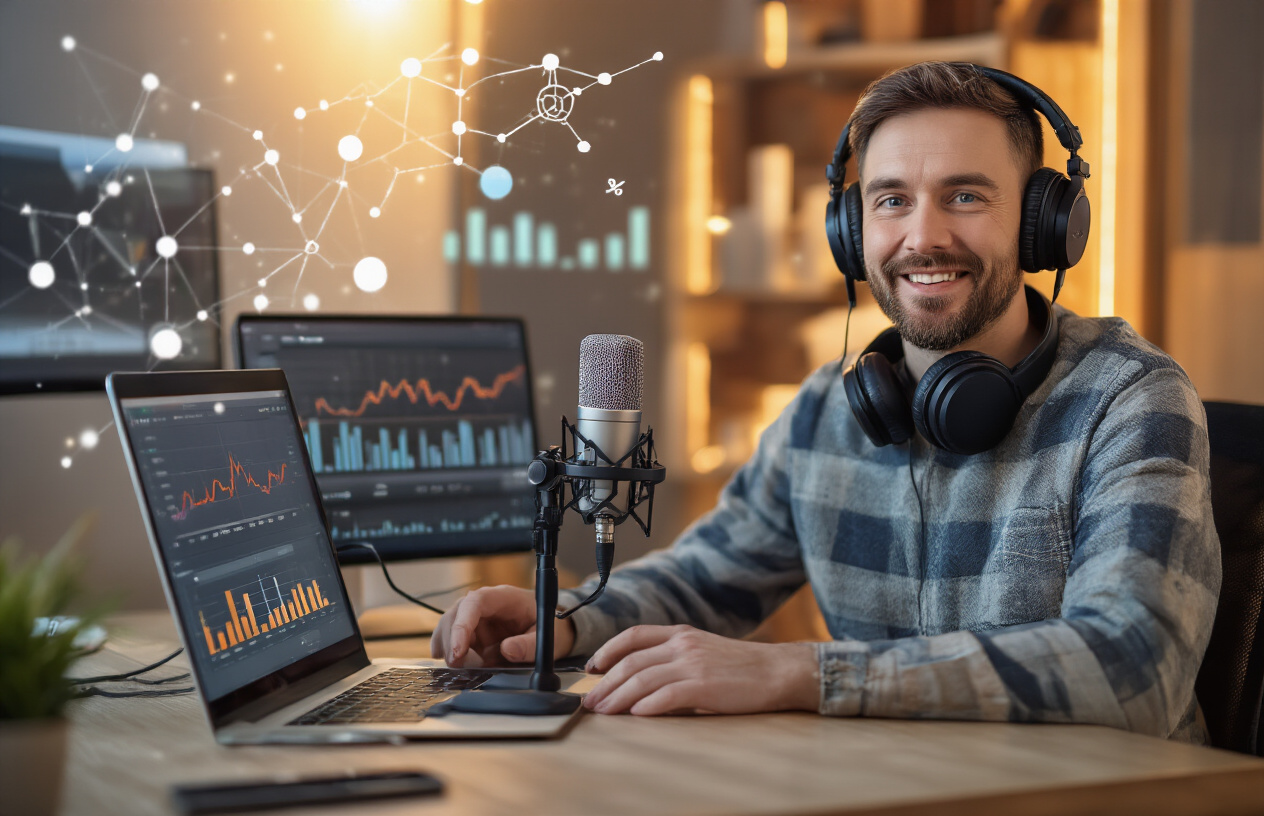 Create a realistic image of a professional white male podcaster in his 30s sitting at a modern recording desk with a high-quality microphone, headphones around his neck, laptop screen showing podcast analytics and backlink metrics, surrounded by subtle SEO-related visual elements like interconnected network nodes and upward trending graphs floating in the background, warm studio lighting with soft shadows, conveying success and achievement in digital marketing, absolutely NO text should be in the scene.