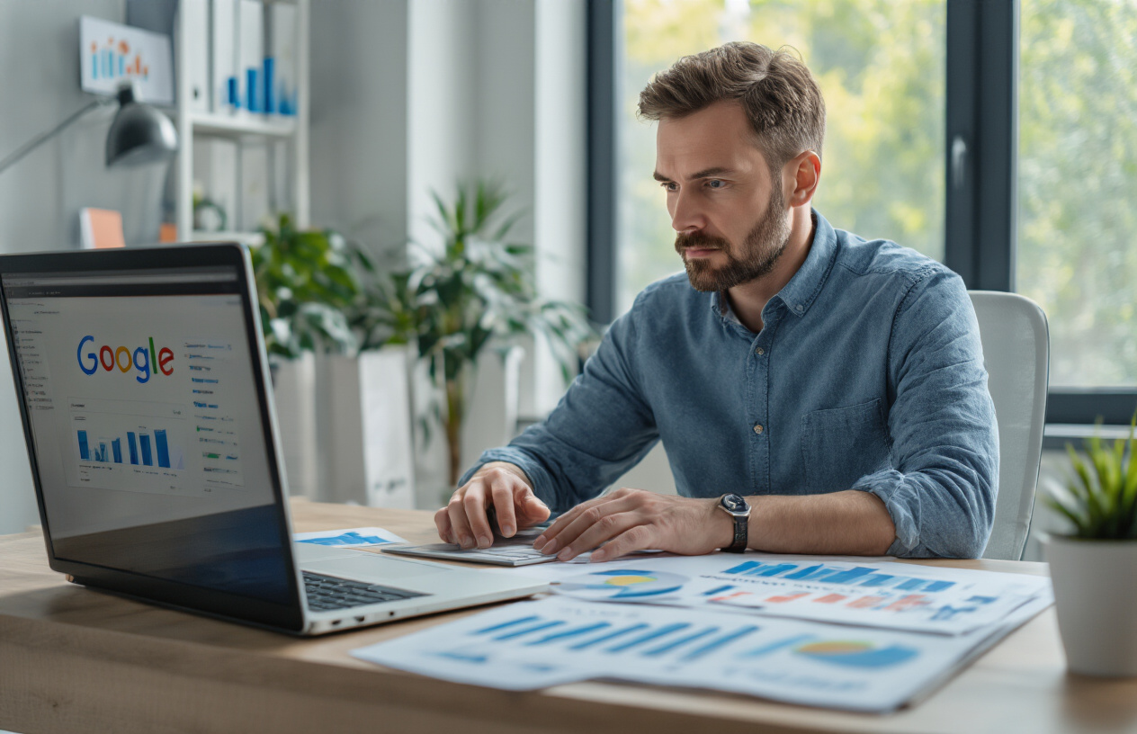 Create a realistic image of a professional white male business owner sitting at a modern desk with a laptop computer, focusing intently on optimizing his Google Business Profile on the screen, surrounded by marketing materials and charts showing increased visibility metrics, in a bright contemporary office setting with natural lighting from large windows, conveying productivity and digital marketing success, absolutely NO text should be in the scene.