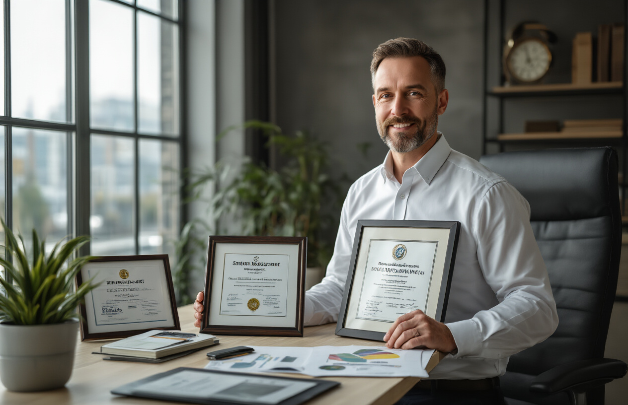 Create a realistic image of a professional white male business owner in a modern office setting holding multiple framed professional certifications and quality assurance documents, with various industry certification badges and quality seals displayed on a clean desk surface, bright natural lighting from large windows, professional atmosphere conveying expertise and credibility, absolutely NO text should be in the scene.