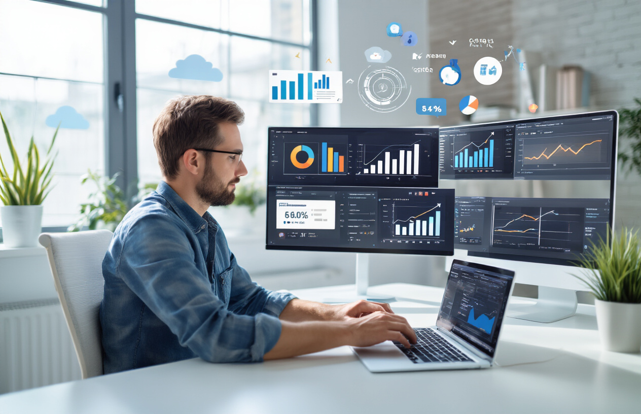 Create a realistic image of a professional white male content creator sitting at a modern desk, typing on a laptop with multiple browser tabs open showing SEO analytics dashboards and content pages, surrounded by visual elements representing content quality improvement including upward trending graphs, search ranking charts, and quality assessment icons floating in the background, set in a bright modern office environment with natural lighting streaming through windows, conveying a sense of achievement and successful content optimization. Absolutely NO text should be in the scene.
