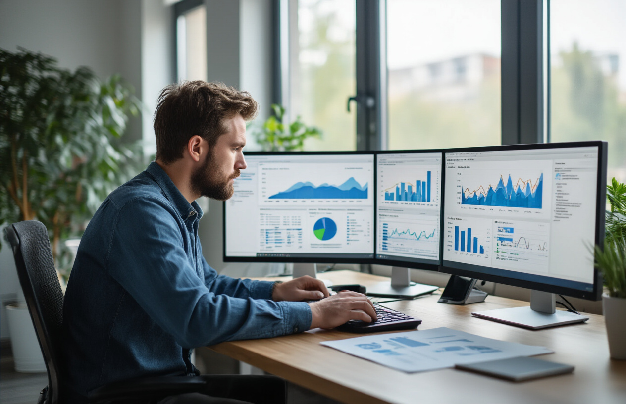 Create a realistic image of a professional white male marketer in his 30s sitting at a modern office desk, looking focused while reviewing multiple email drafts on his laptop screen, with a smartphone displaying notification badges nearby, a notepad with follow-up schedules, and a coffee cup, set in a bright contemporary office with natural lighting from a window, conveying determination and systematic approach to converting prospects, absolutely NO text should be in the scene.